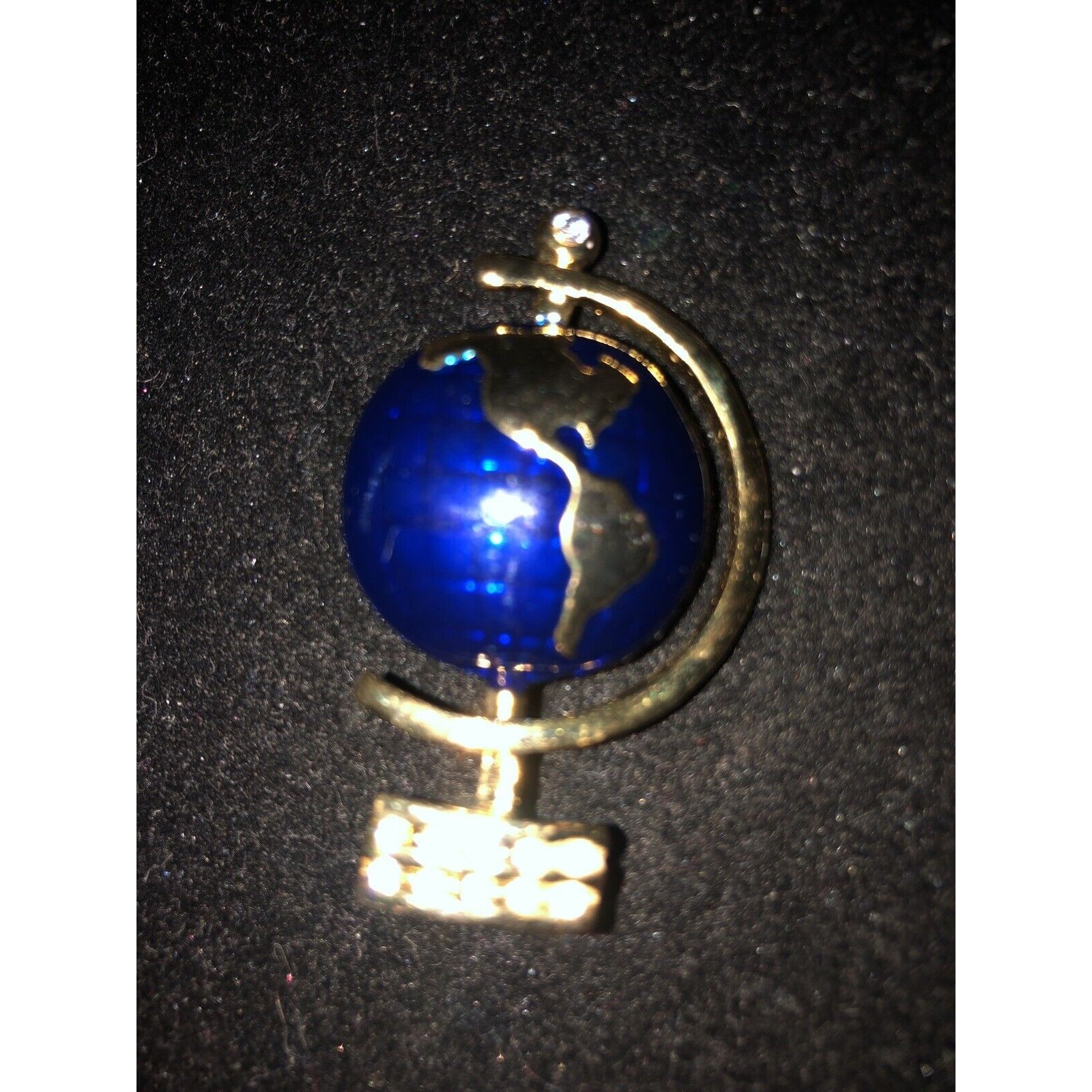Vintage Goldplated World Globe Pin Blue Enamel  Rhinestones